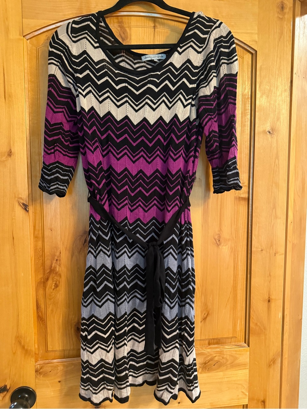 Danny & Nicole Chevron Knit Belted Midi Dress in Black, Purple & Gray